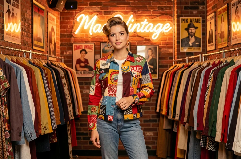 Une jeune femme en tenue vintage pose devant les rayons colorés de Mad Vintage