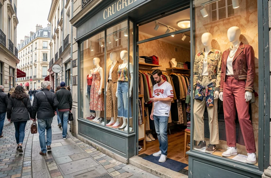 Devanture et intérieur de Mad Vintage rue Sainte-Catherine à Bordeaux avec des mannequins habillés en tenues rétro années 90