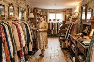 Une femme parcourt les rayons d'une friperie normande pleine de vêtements vintage et d'accessoires rétro
