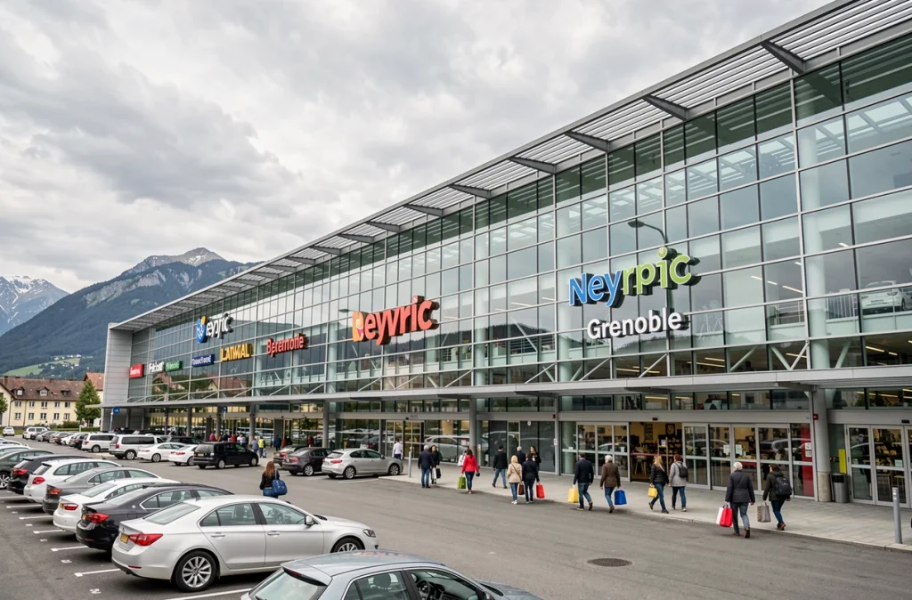 Centre commercial Pôle de Commerces et de Loisirs Neyrpic près de Grenoble avec façade moderne et enseignes
