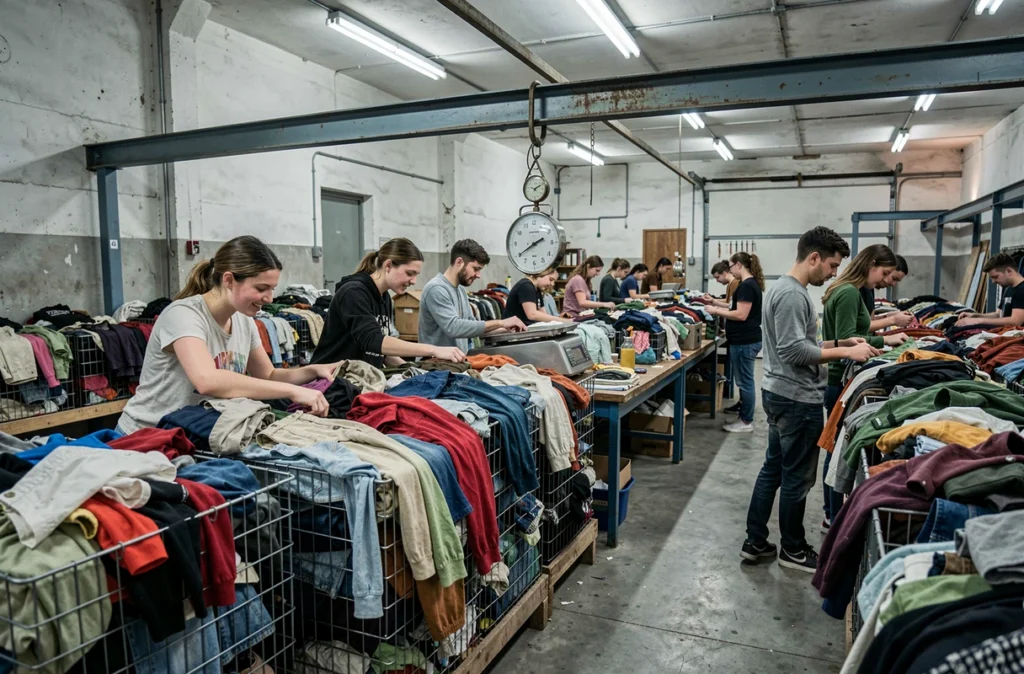 Intérieur de Steack-Fripes, la friperie au kilo du quartier de la Victoire à Bordeaux, avec des bacs remplis de vêtements de seconde main