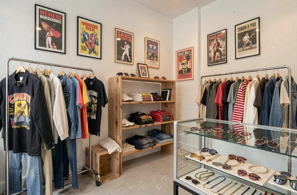 Intérieur soigné de Tilt Vintage à Bordeaux avec une sélection spécialisée de vêtements rétro des années 70 et 80