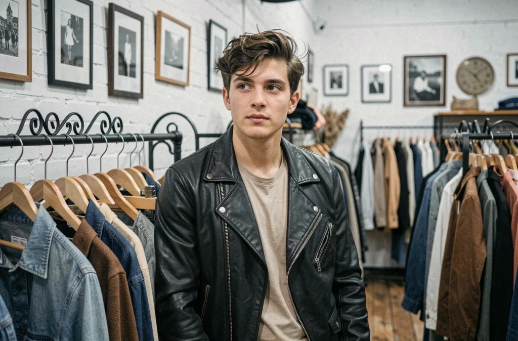 Un jeune homme en veste en cuir vintage s'appuie sur un portant chez Vintage by FK