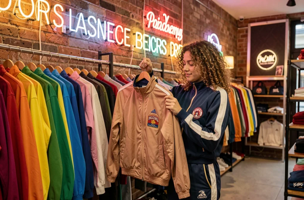 Intérieur de Vintage Paradise à Bordeaux avec un affichage arc-en-ciel de vêtements rétro et une décoration thématique des années 80