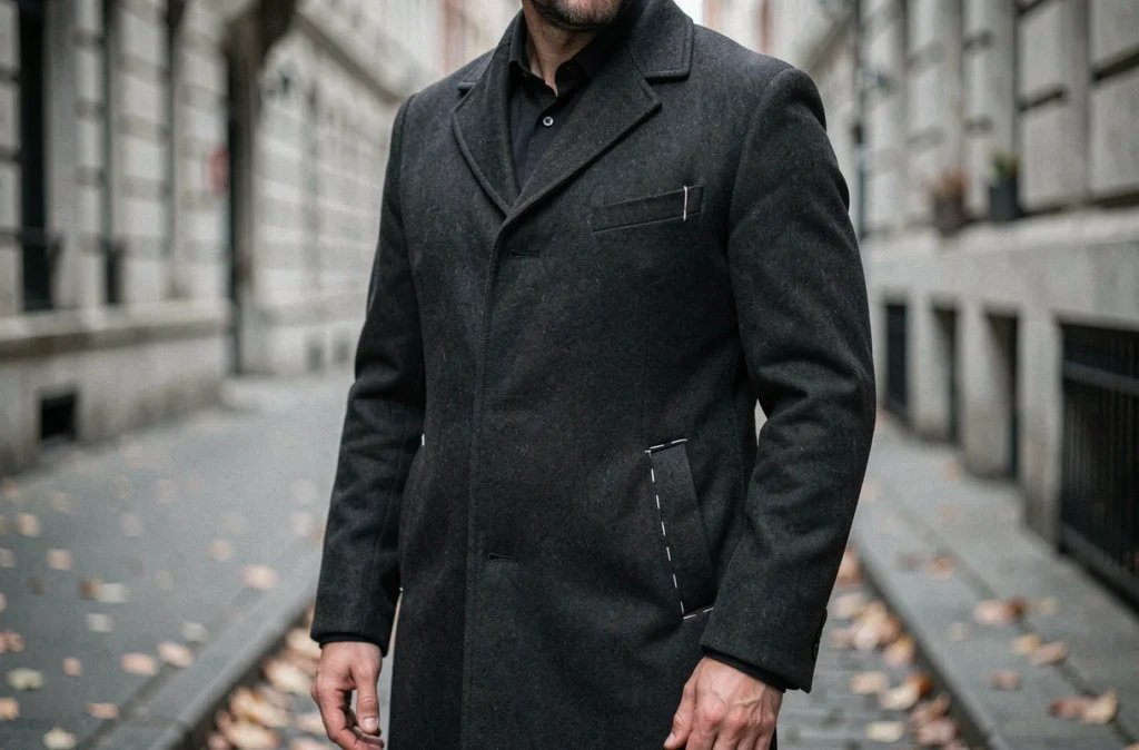 Manteau en laine gris anthracite avec poches encore cousues par des points de faufilage blancs sur un homme en ville en automne