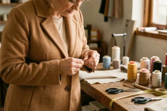 Femme ouvrant la poche cousue d'un manteau en laine camel avec un découd-vite dans un atelier de couture